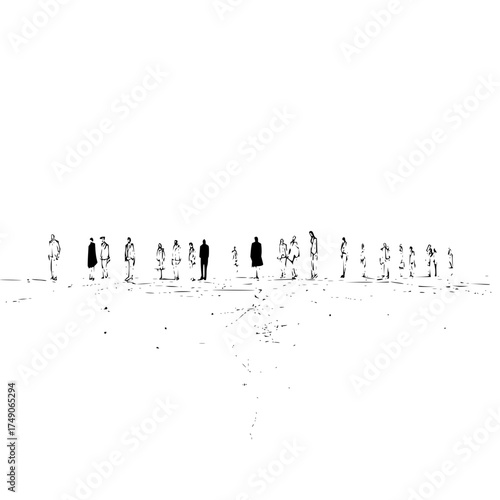 Illustration depicting a line of people standing on a surface in a stark black and white drawing style