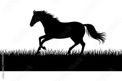 A silhouette of a horse galloping across a field of grass against a white background view