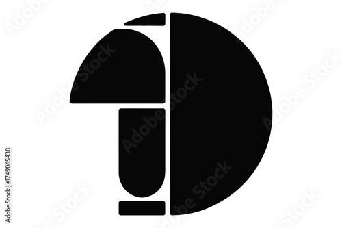 Geometric composition featuring a combination of circles rectangles and semi circles in black