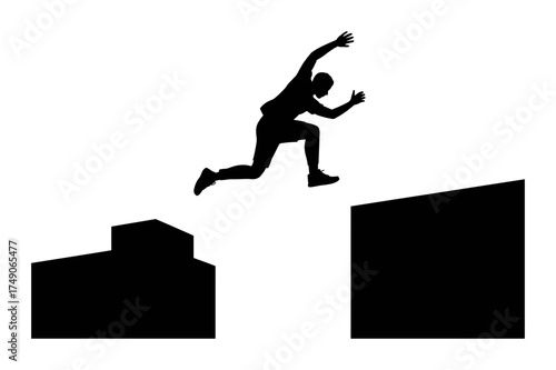 Silhouette of a man jumping over black obstacles on a white background with raised arms high up