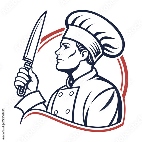 A fun retro cartoon vector illustration of a smiling lady chef wearing a hat and holding a knife while cooking
