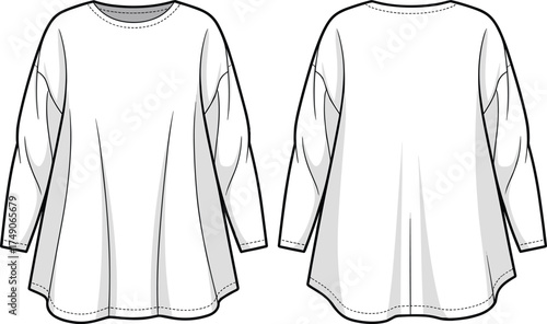 Women’s tunic top, fashion technical drawing, long sleeves, round neckline, dropped shoulders, flared silhouette, pleat back detail, garment flat sketch, apparel illustration