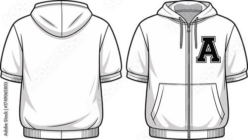 White hooded jacket, fashion technical drawing, short sleeves, ribbed cuffs and hem, zipper closure, chest letter patch, garment flat sketch, apparel illustration