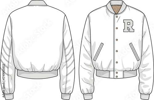 White varsity jacket, fashion technical drawing, ribbed collar, cuffs and hem, snap button closure, chest patch, slanted pockets, apparel flat sketch, illustration