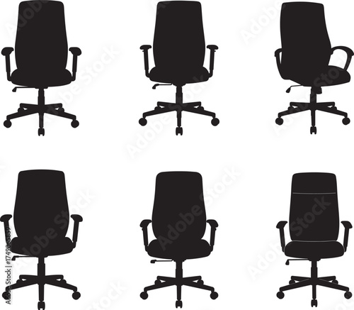 Six black office chairs silhouetted against a white background in a grid layout