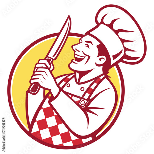 A fun cartoon illustration vector of a woman chef with a knife and fork