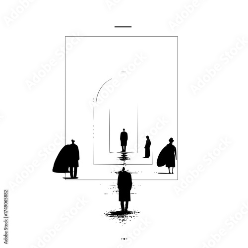 Silhouette figures in black coats standing within a rectangular framed doorway with arches design