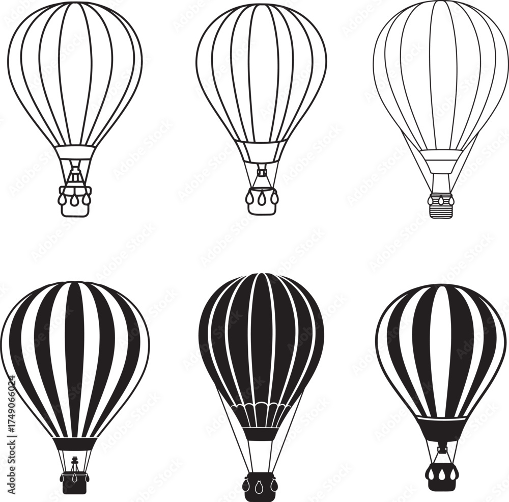 Obraz premium Collection of six vintage hot air balloon illustrations in Silhouette and line art style