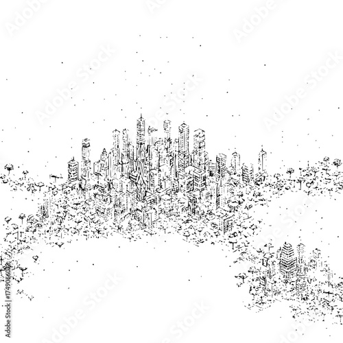 Detailed monochrome sketch of a dense cityscape with skyscrapers and surrounding urban sprawl in black and white