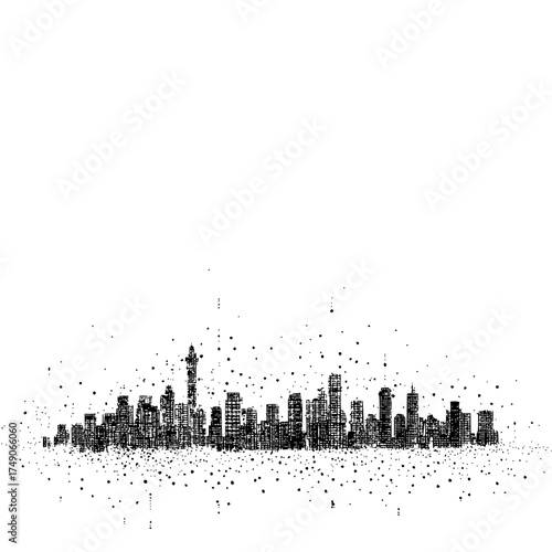 A black and white skyline illustration with a scattered dot pattern creating a city silhouette view