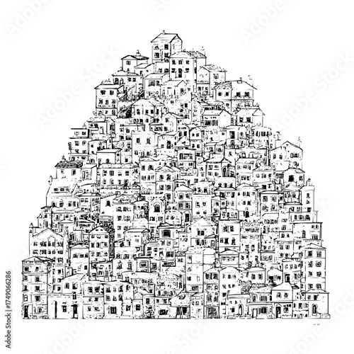 Illustration of a densely packed european town with many buildings and houses stacked on top of each other