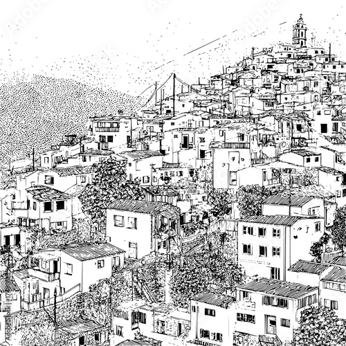 Illustration of a densely populated hillside village with a church tower in black and white style
