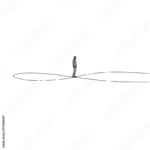 A lone figure stands on a simple line drawing against a stark white background in a minimalist style