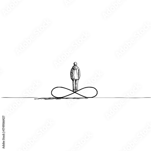Person standing on an infinity symbol in a minimalist black and white sketch style illustration art piece