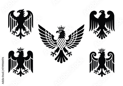 Five Black Silhouette Eagle Emblems Including a Central Crowned Eagle on White Background hawk bird of prey