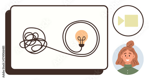 Tangled line leading to a glowing lightbulb, video call icon, and smiling woman avatar. Ideal for creativity, problem-solving, brainstorming, innovation, collaboration, virtual meetings simplicity
