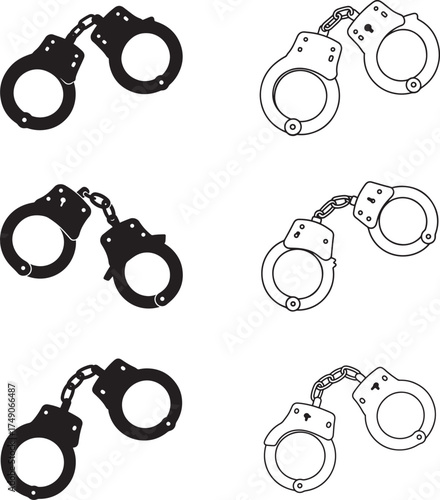 Collection of handcuffs in Silhouette and line art style representing law enforcement and justice