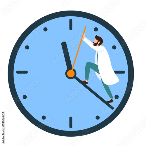 anti-aging concept: doctor pushing a clock hand trying to stop time