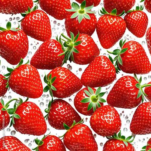 Ripe strawberries pattern. Red fruits with green leafy tops