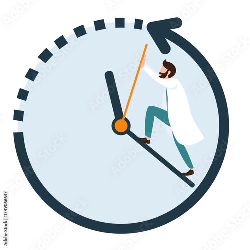 anti-aging concept: doctor pushing a clock hand trying to reverse time