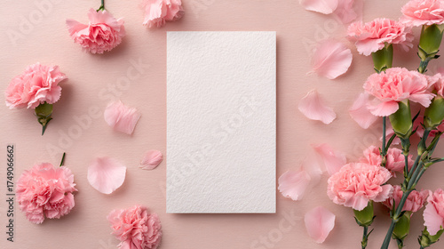 Pristine Blank White Textured Greeting Card with Pink Carnations, Generative AI