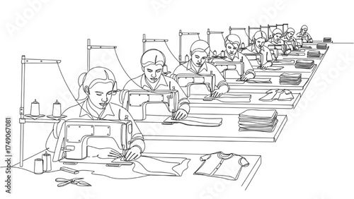 Continuous Line Art of Multiple Garment Workers at Sewing Machines in Factory, Minimalist Black and White Illustration of Teamwork and Large-Scale Clothing Production