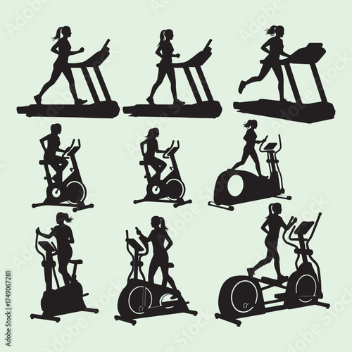Collection of silhouettes of women exercising on treadmills and elliptical machines