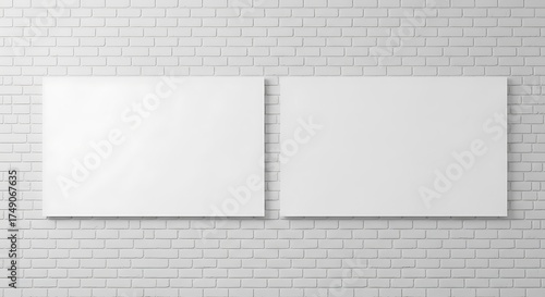 Two Blank Canvases on a White Brick Wall - Mockup for Art Display.