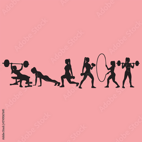 Silhouette figures performing various fitness exercises and weightlifting on a pink background