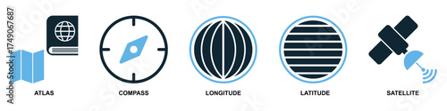 Set of location and navigation vector icons. Essential graphics for GPS, travel, and mapping applications. This collection is ideal for user interface, providing clear symbols for finding places	