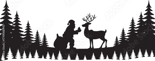 Black silhouette of Santa Claus holding a small Christmas tree and a reindeer in a forest setting vector
