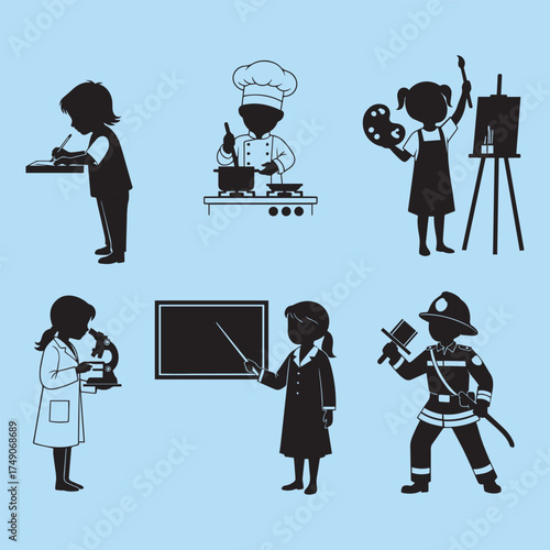Children silhouettes representing different professions and future career dreams