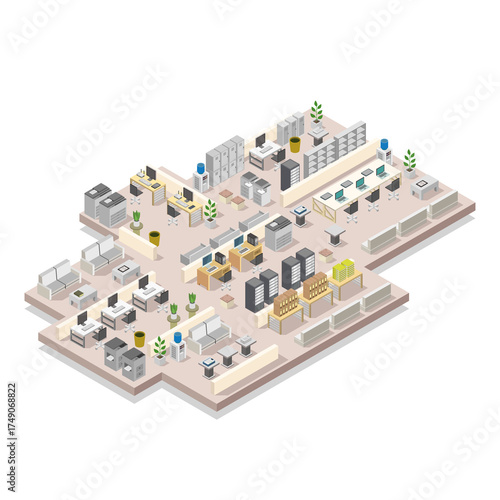 Isometric View Of A Modern Open Concept Office Interior With Desks Computers And Plants In A Bright And Airy Space