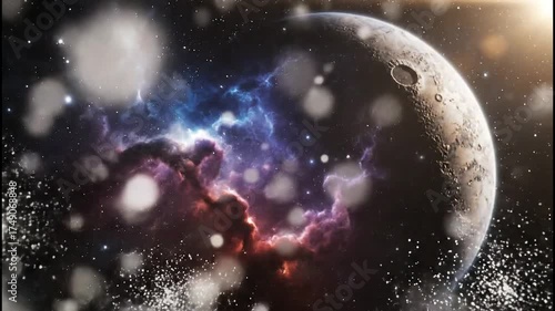 Spectacular cosmic view of a planet with nebula and stars in space.