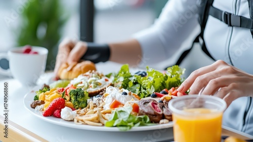 Wallpaper Mural Nutritious Lunch Bowl: Woman Enjoying a Healthy Meal with Salad, Vegetables, Meat, and Orange Juice in a Bright, Modern Setting Torontodigital.ca