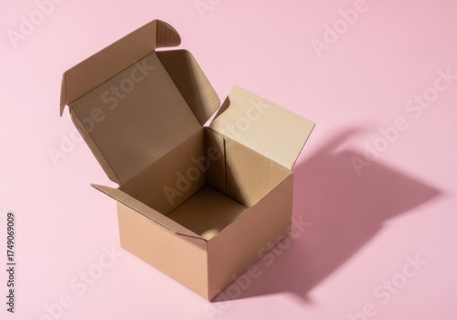 Open cardboard box on a pink background with dramatic shadow