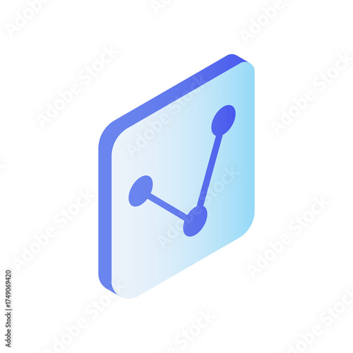 Isometric digital graph icon with ascending line and blue purple gradient background representing data analysis and growth on a clean white backdrop