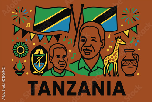 Mwalimu Nyerere Day Celebration Illustration Featuring Tanzanian Flags Portraits Civic Symbols Cultural Ornaments and Festival Elements in Flat Minimal Style