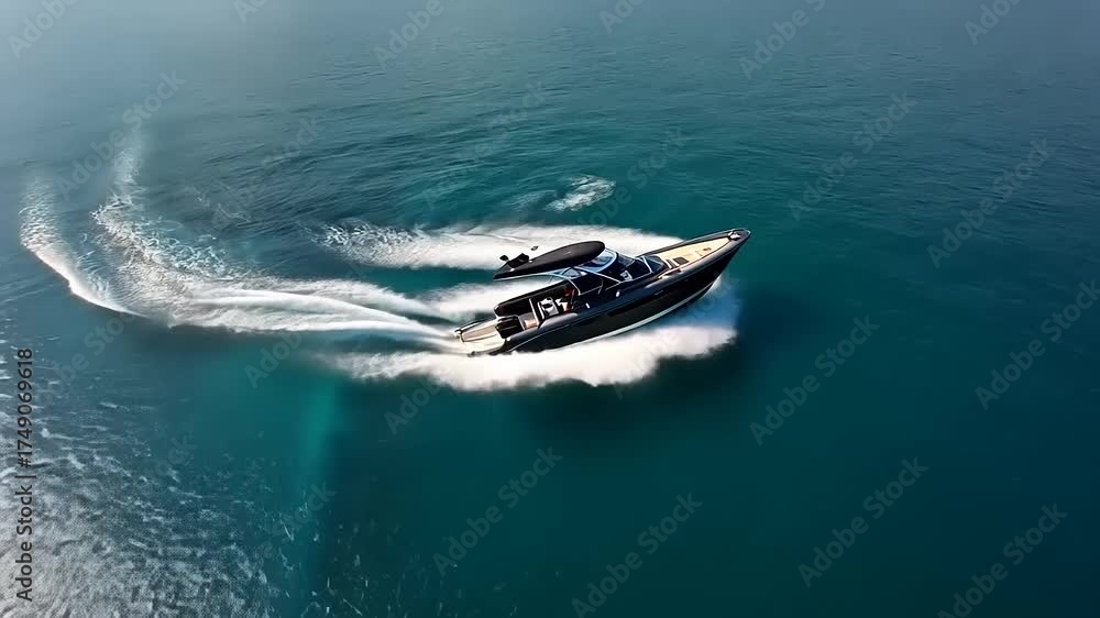 A sleek motorboat gliding through turquoise waters, showcasing speed and luxury on a sunny day