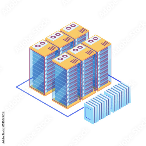 Isometric illustration of a server room with blue and yellow glowing racks and transparent background a digital data center technology concept