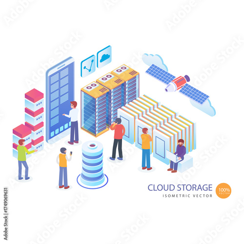 Isometric Illustration of Cloud Storage Data Centers with Servers and Satellite Technology