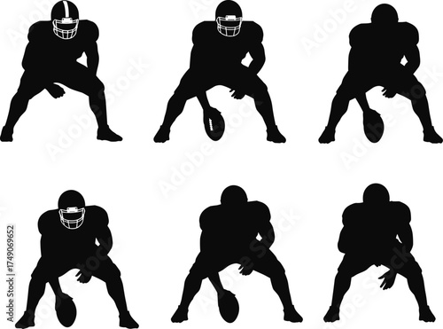 American football center stance, black silhouette vector, lineman snap pose, helmet variation, crouching athlete illustration, sports action design, game preparation concept
