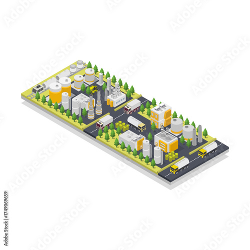 Isometric industrial complex with factories storage tanks and trucks on a white background with a transparent background overlay