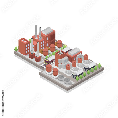 Isometric Industrial Factory Complex with Red Brick Buildings and Smokestacks on a White Background Digital Art Illustration