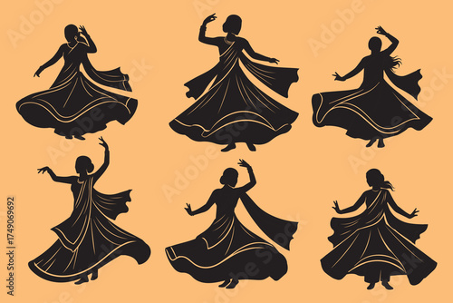 Silhouettes of indian women in traditional dance costumes performing graceful movements