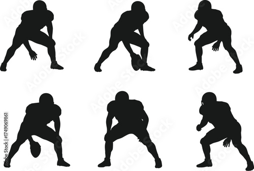 American football silhouette, dynamic player poses, black vector illustration, quarterback, lineman, running back, crouch, stance, action design, sports movement concept