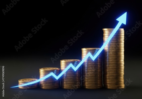 Rising stack of gold coins with a bright blue upward trend arrow