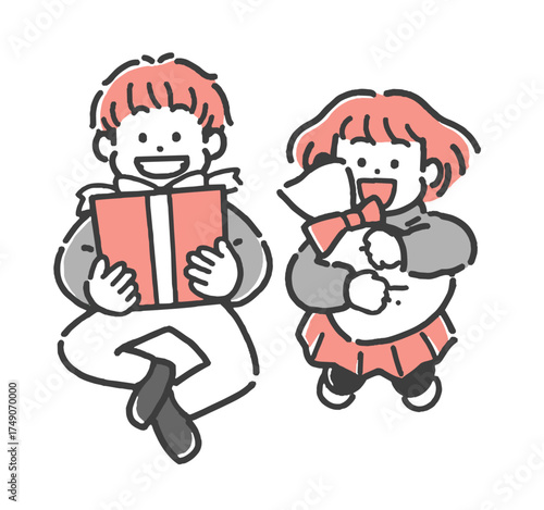 笑顔で買い物をする男の子と女の子の2色イラスト