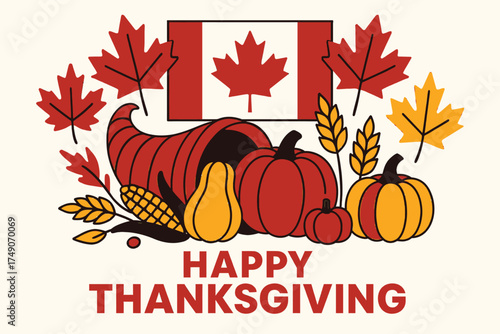 Canadian Thanksgiving Celebration Illustration with Maple Leaves Cornucopia and Harvest Symbols in Clean Flat Design