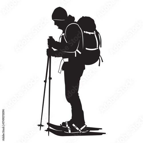 Silhouette of a skier with a backpack and poles preparing for a winter adventure